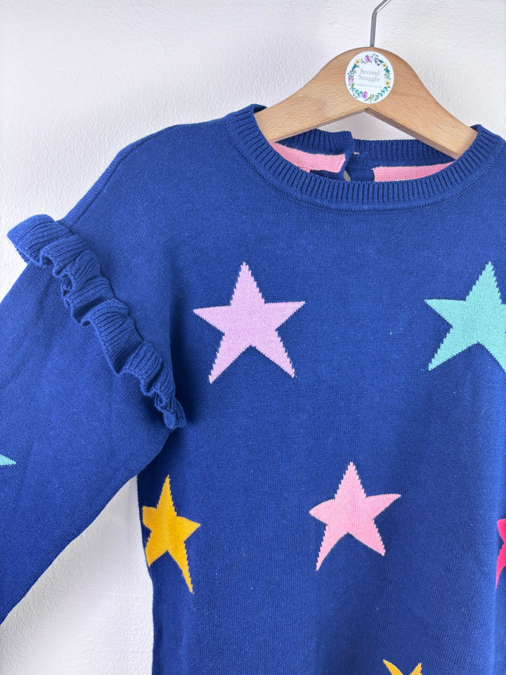 Next Navy Knit Dress Star Pattern Frill Shoulder 5-6 Years-Dresses-Second Snuggle Preloved