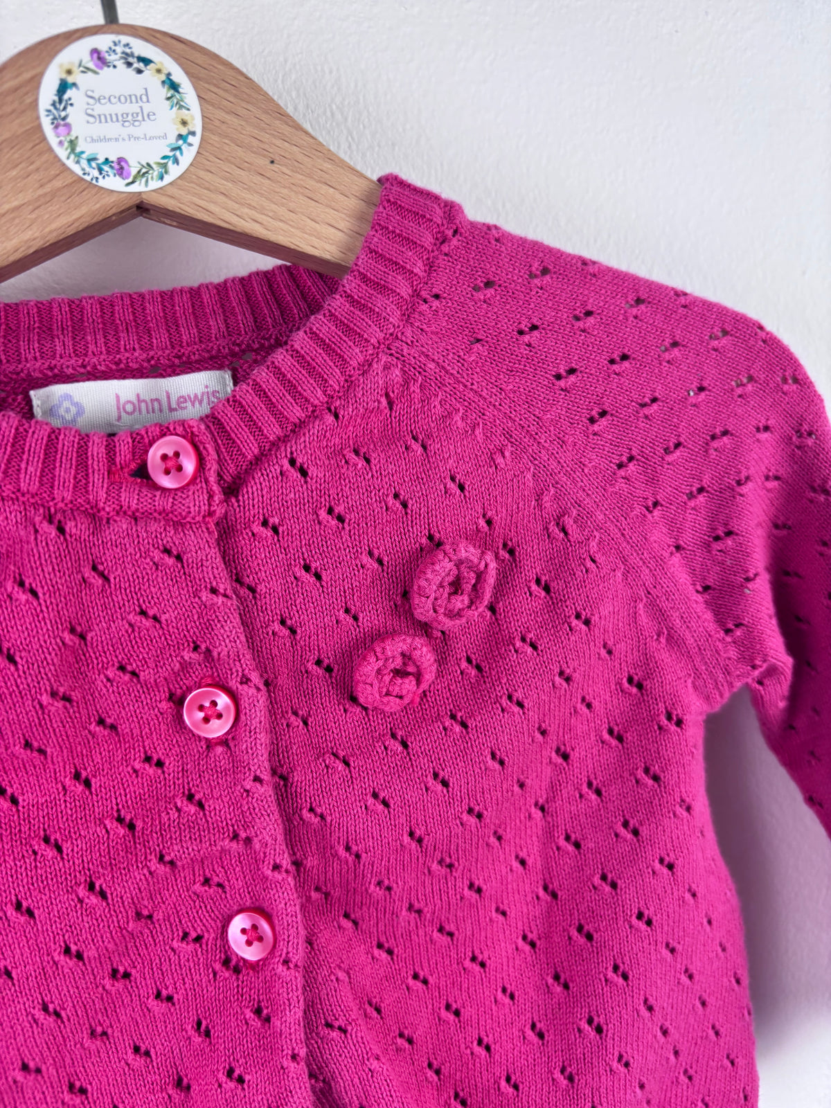 John Lewis Pink Cardigan Pointelle Knit Flower Detail 3-6 Months-Cardigans-Second Snuggle Preloved