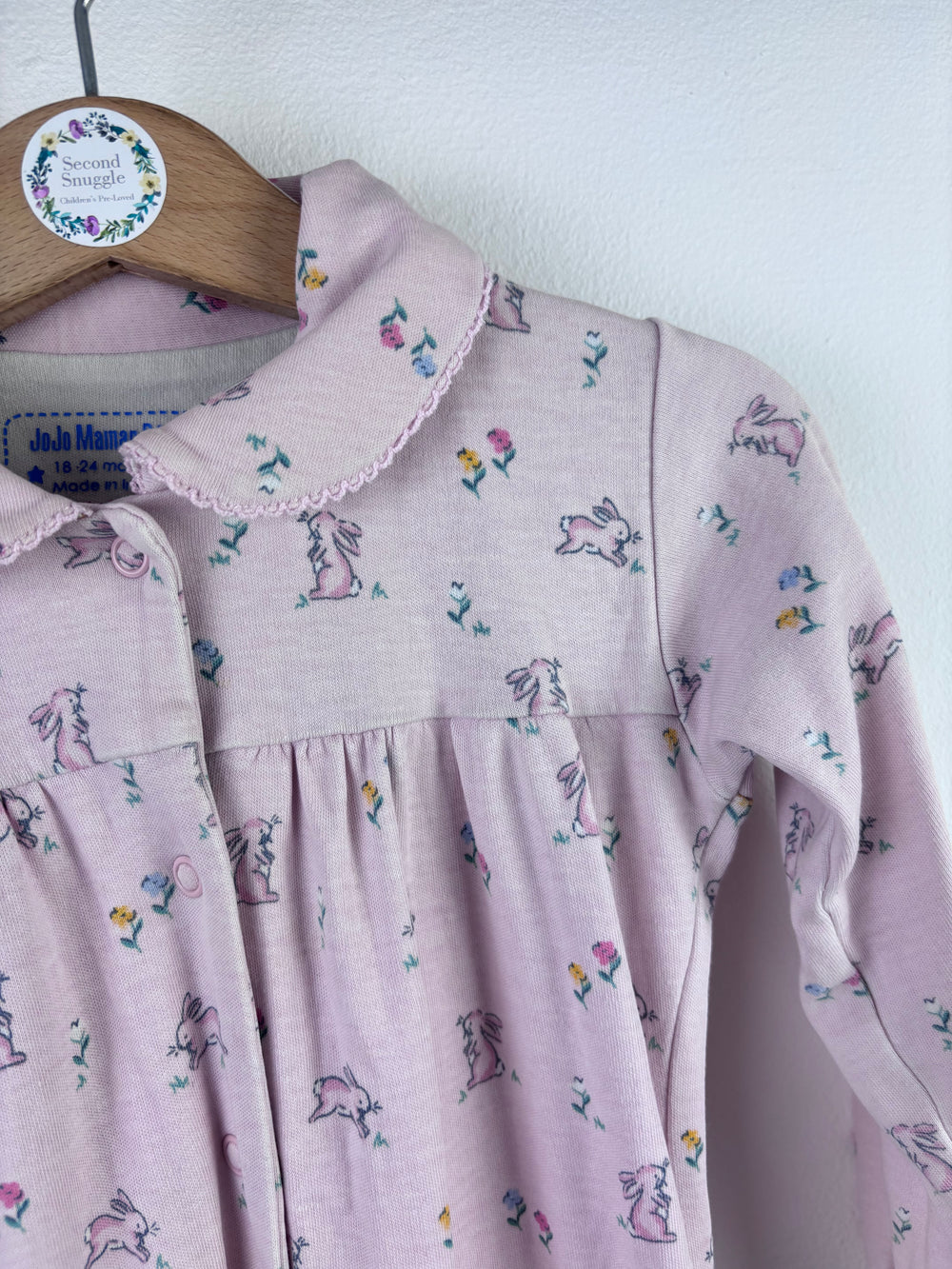 JoJo Maman Bebe Pink Sleepsuit Bunny Print Collar 18-24 Months-Rompers-Second Snuggle Preloved