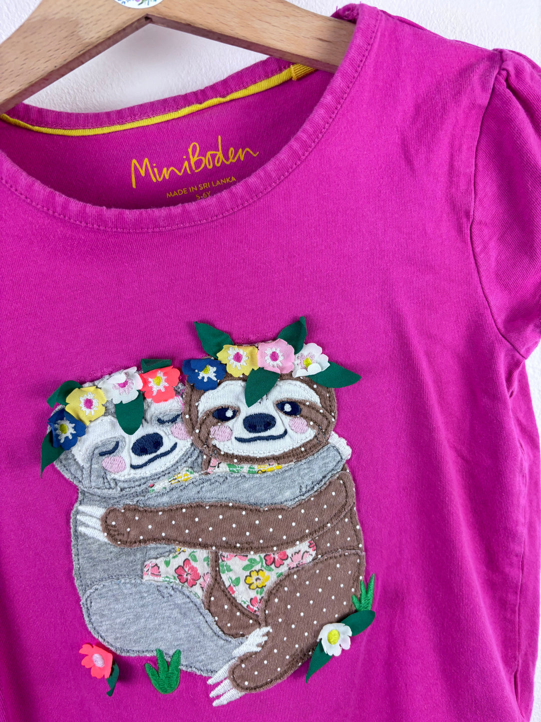 Mini Boden Pink T-Shirt Sloth Applique Short Sleeve 5-6 Years