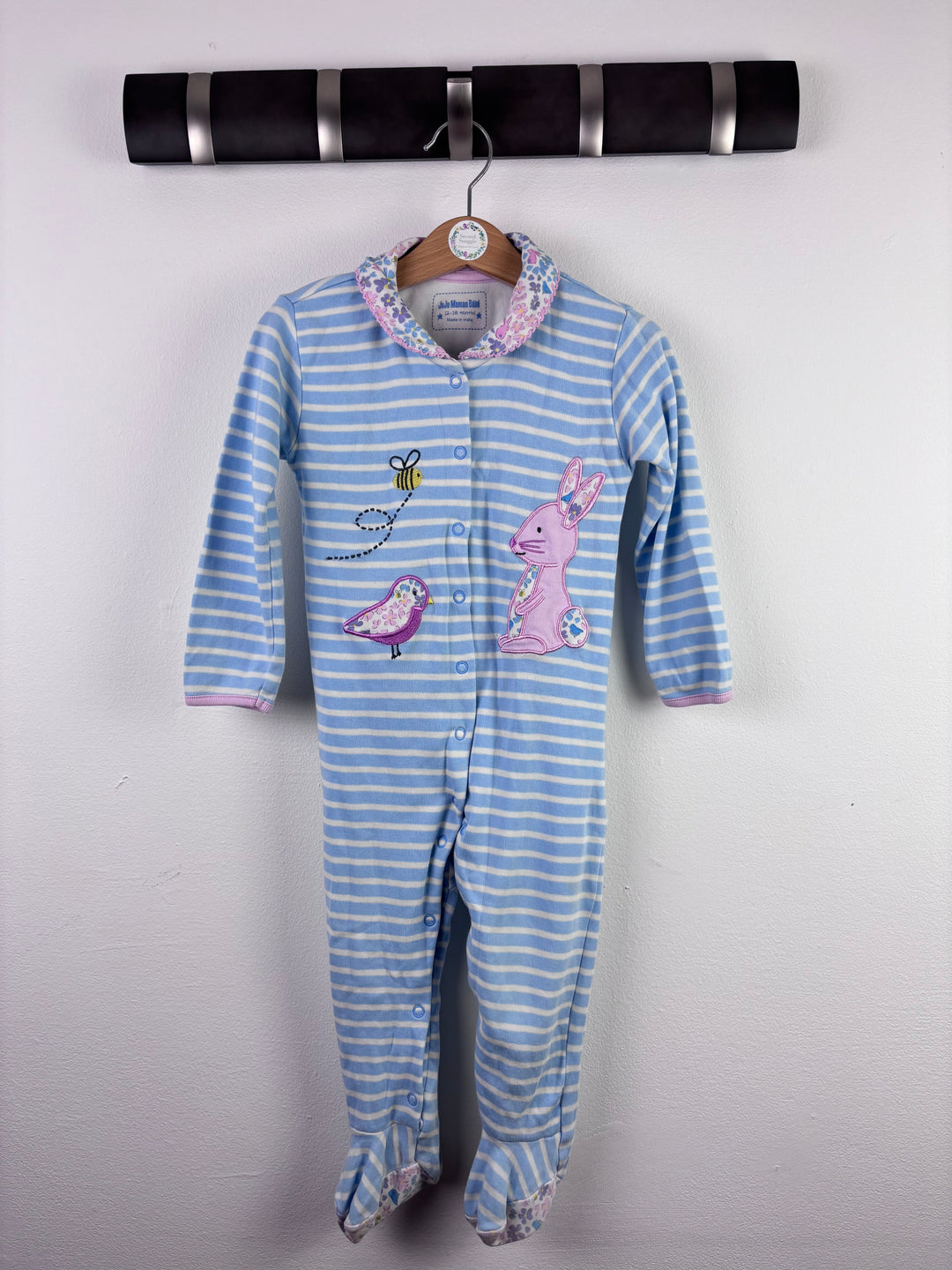 JoJo Maman Bebe Blue Stripe Sleepsuit Bunny Applique 12-18 Months