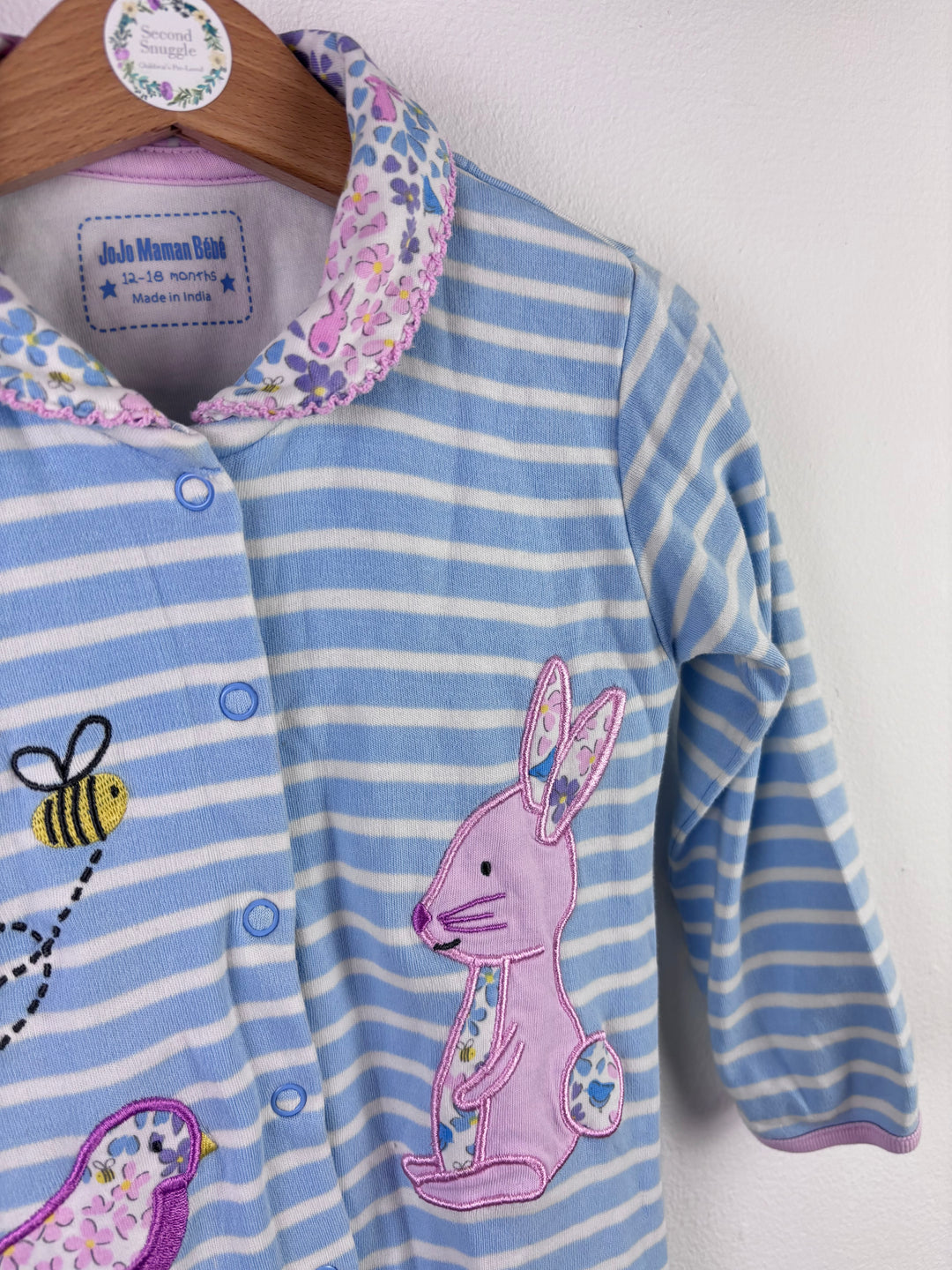 JoJo Maman Bebe Blue Stripe Sleepsuit Bunny Applique 12-18 Months