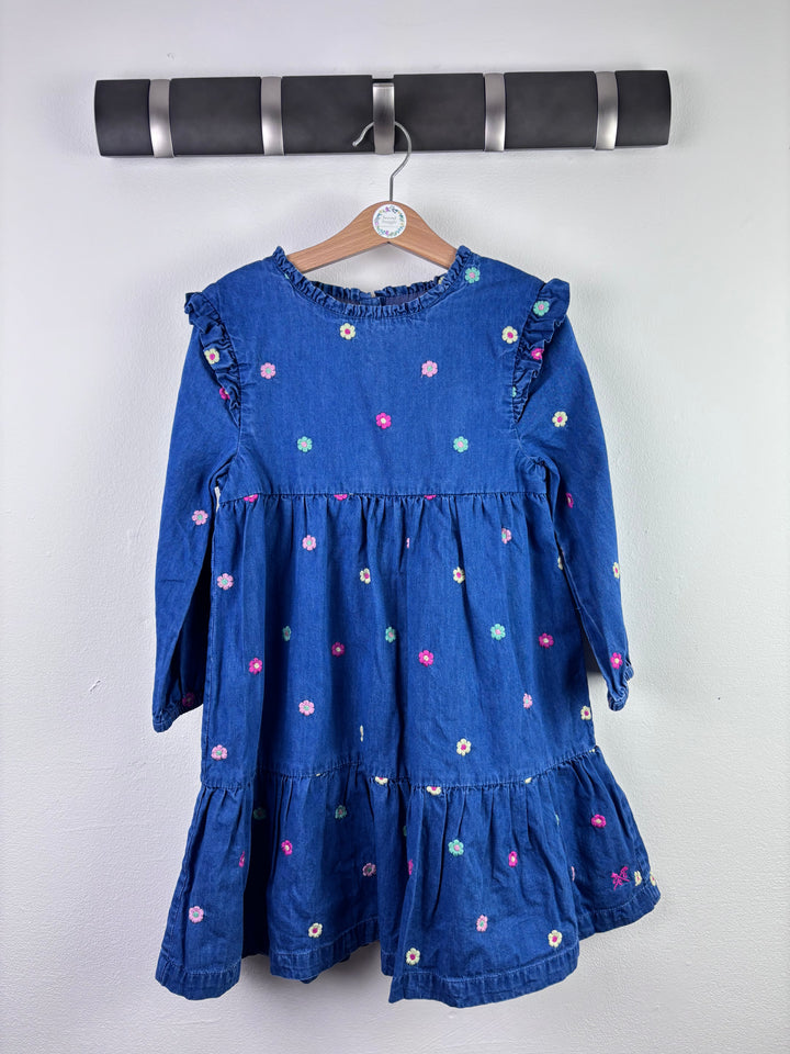 Crew Blue Dress Floral Embroidered Frill Detail 5-6 Years-Dresses-Second Snuggle Preloved
