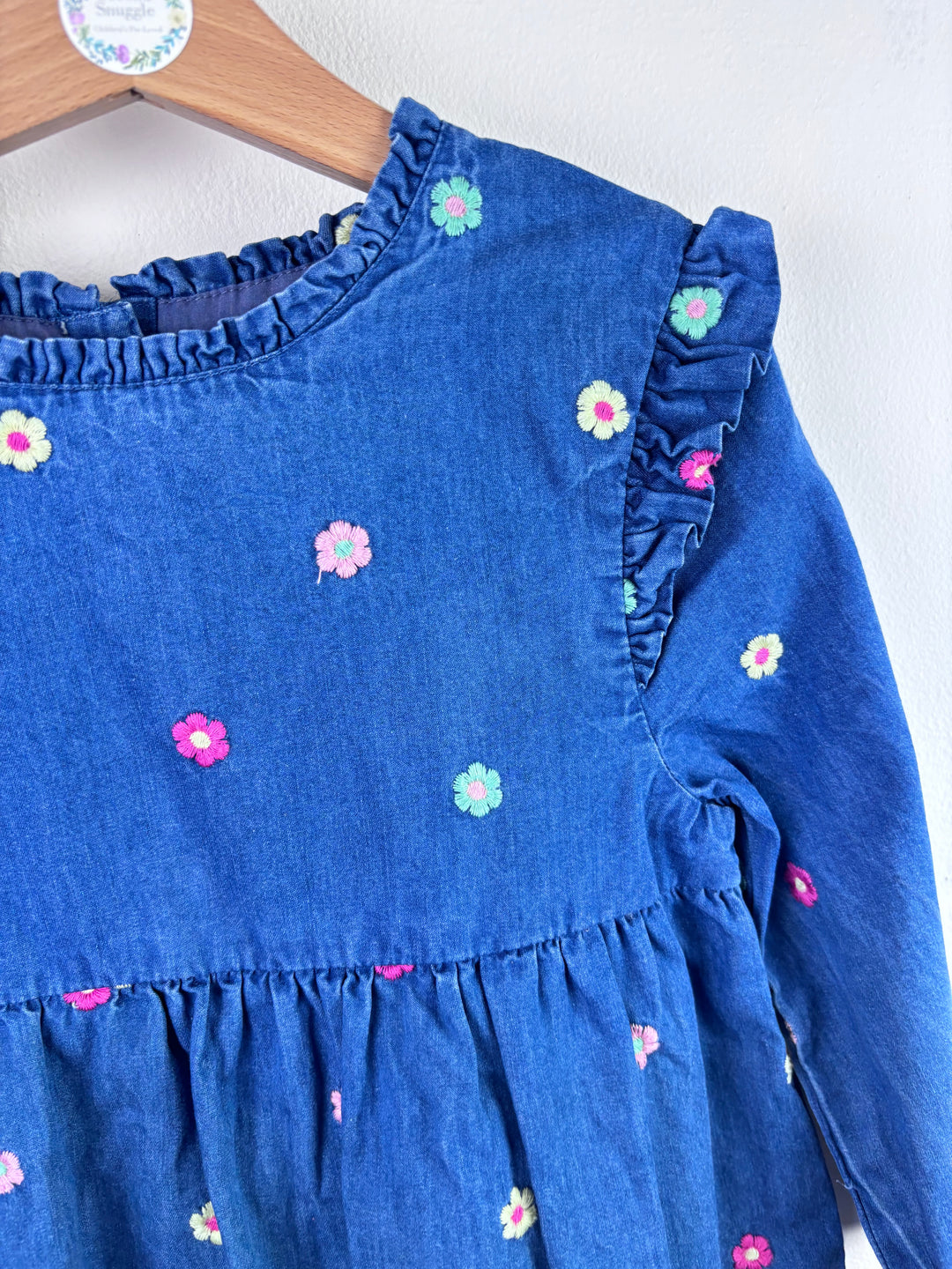 Crew Blue Dress Floral Embroidered Frill Detail 5-6 Years-Dresses-Second Snuggle Preloved