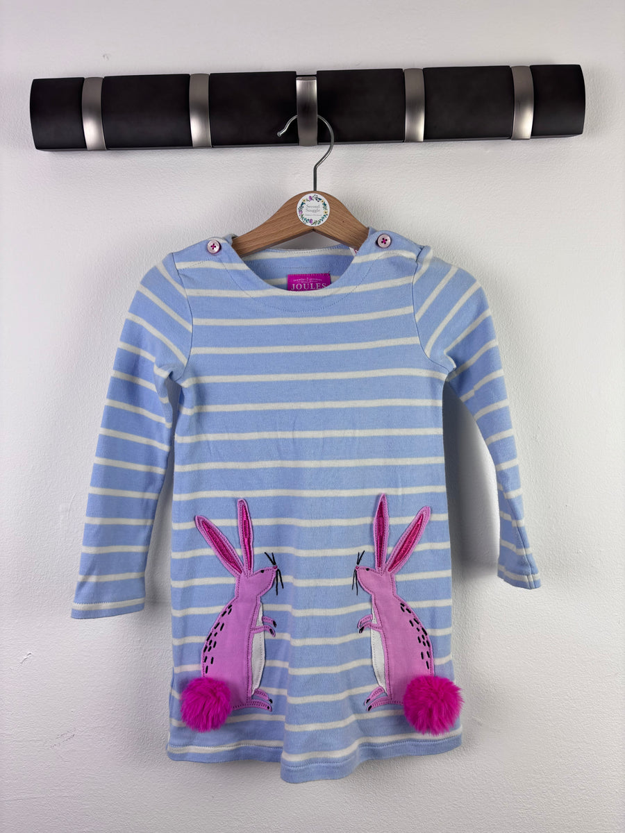 Joules Blue Stripe Dress Bunny Applique Pom Detail 2 Years-Dresses-Second Snuggle Preloved