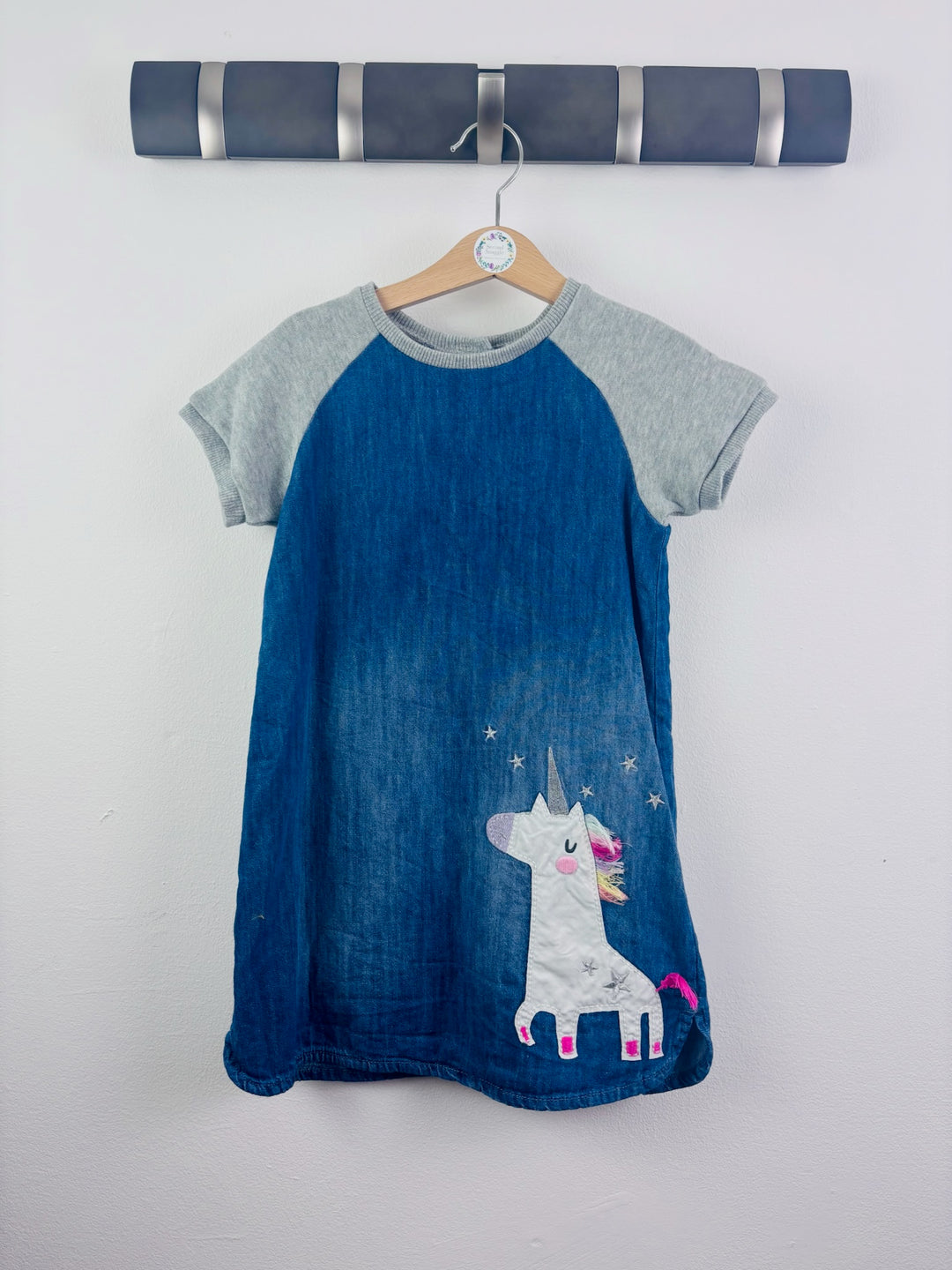 Next Blue Denim Unicorn Dress Contrast Sleeves 4-5 Years