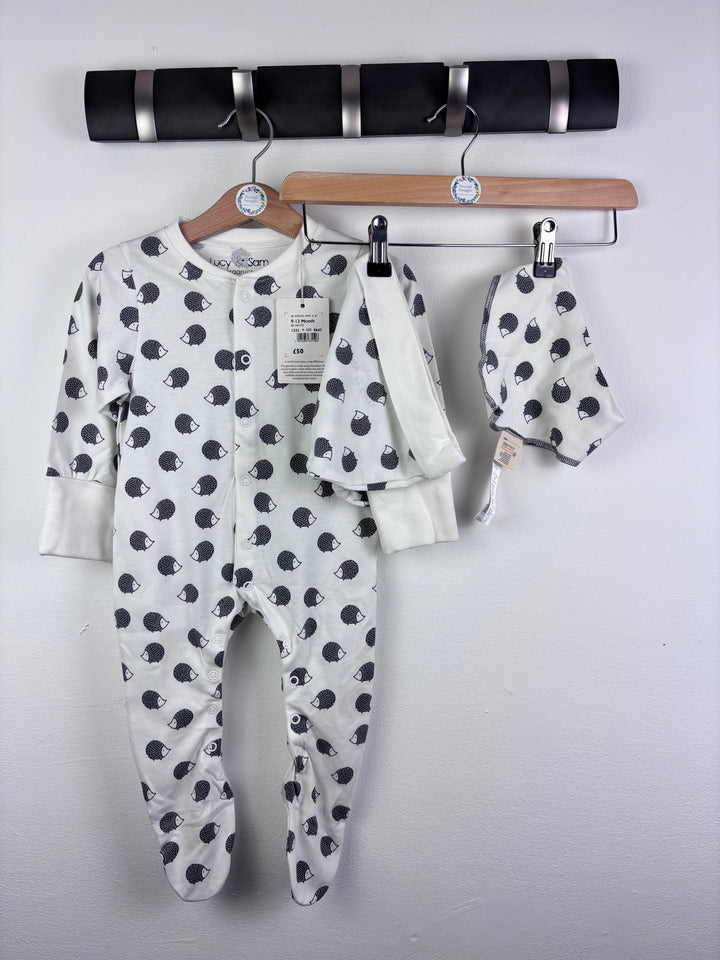 Lucy & Sam White Sleepsuit Set Hedgehog Print Hat Mitts 9-12 Months-Sets-Second Snuggle Preloved