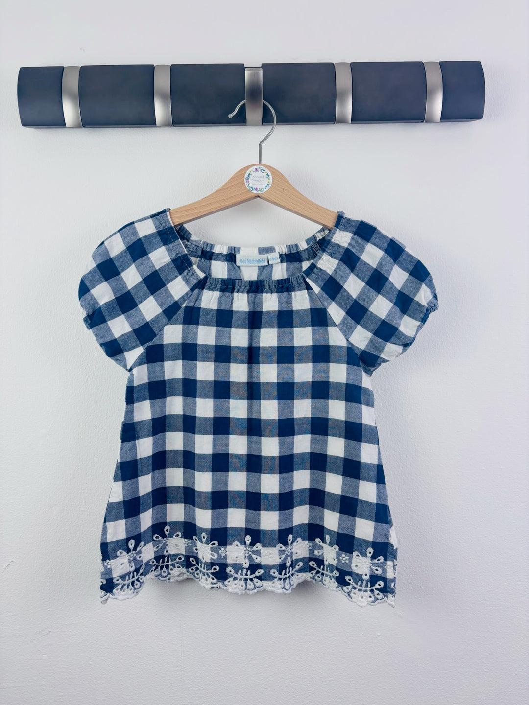 JoJo Maman Bébé Blue Gingham Broderie Top 3-4 Years-Tops-Second Snuggle Preloved