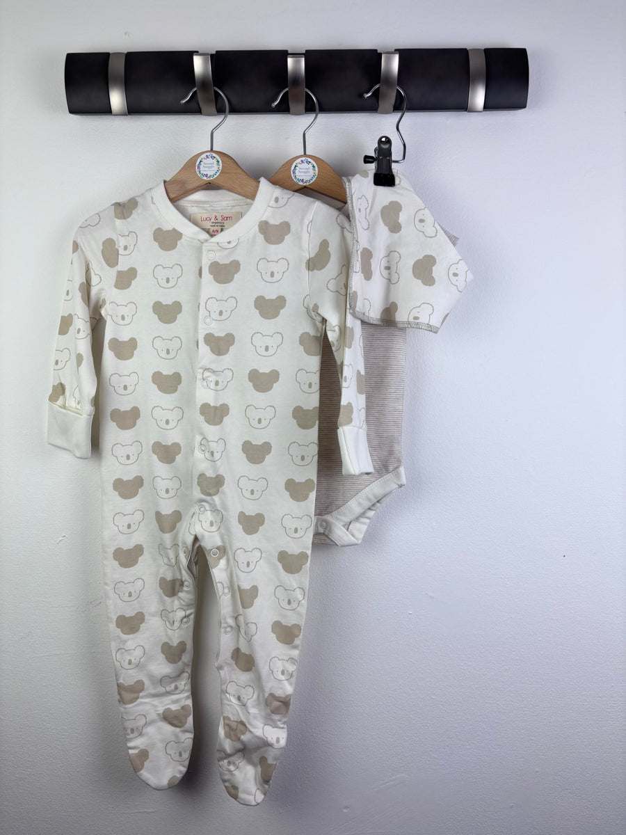 Lucy & Sam Cream Bear Print Sleepsuit Set Hat Bib 6-12 Months-Sets-Second Snuggle Preloved