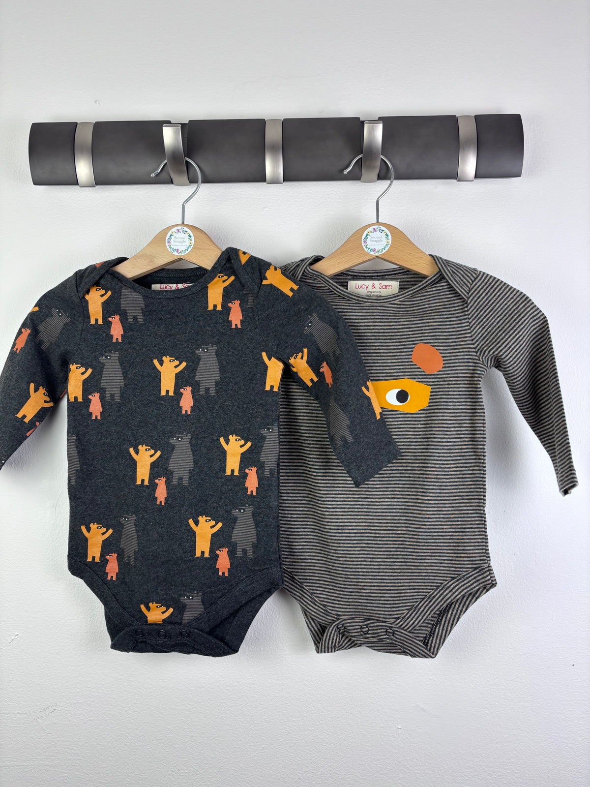 Lucy & Sam Grey Bodysuit Set Bear Print Long Sleeve 6-9 Months-Vests-Second Snuggle Preloved