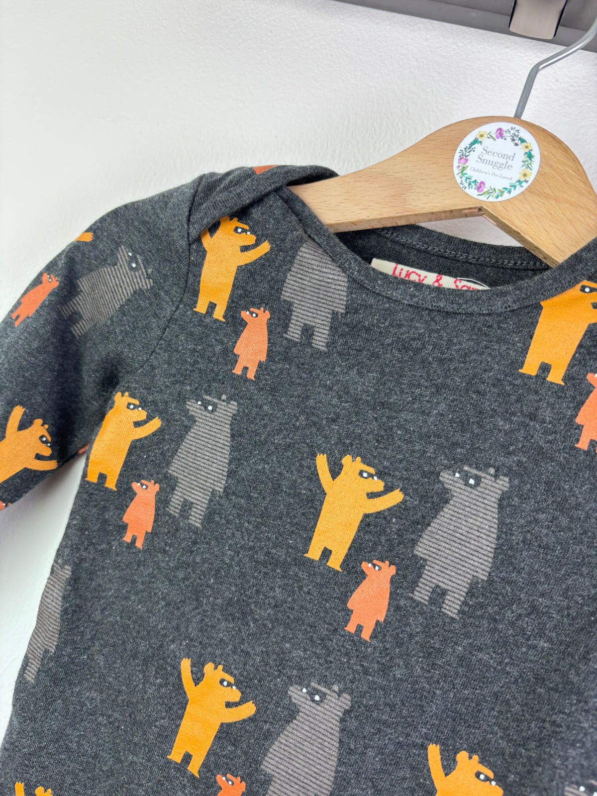 Lucy & Sam Grey Bodysuit Set Bear Print Long Sleeve 6-9 Months-Vests-Second Snuggle Preloved
