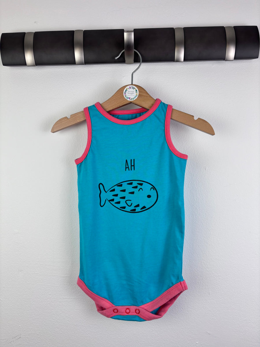 Lucy & Sam Blue Sleeveless Bodysuit Fish Print Pink Trim 9-12 Months-Vests-Second Snuggle Preloved