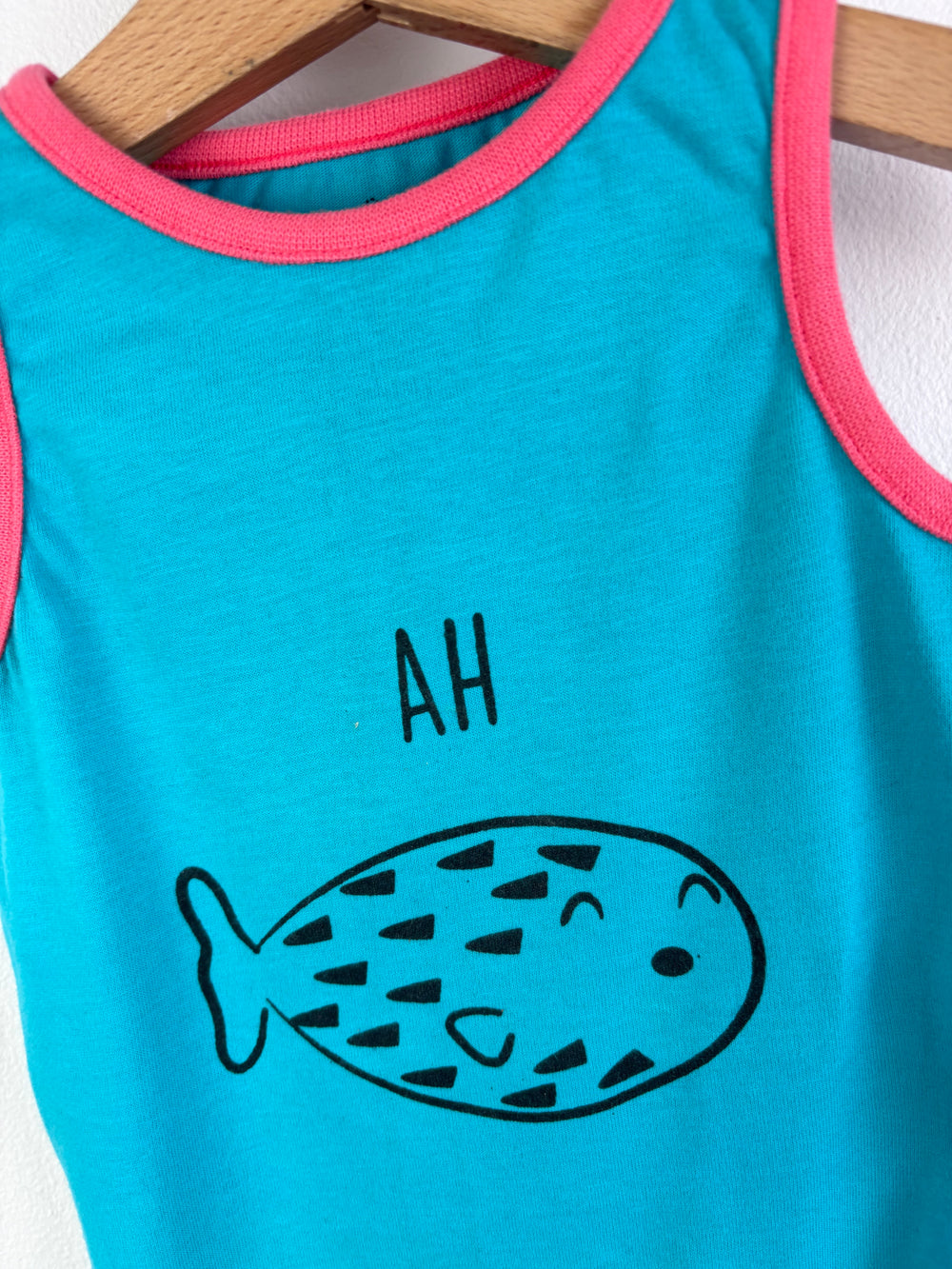 Lucy & Sam Blue Sleeveless Bodysuit Fish Print Pink Trim 9-12 Months-Vests-Second Snuggle Preloved