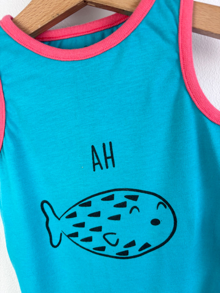 Lucy & Sam Blue Sleeveless Bodysuit Fish Print Pink Trim 9-12 Months-Vests-Second Snuggle Preloved