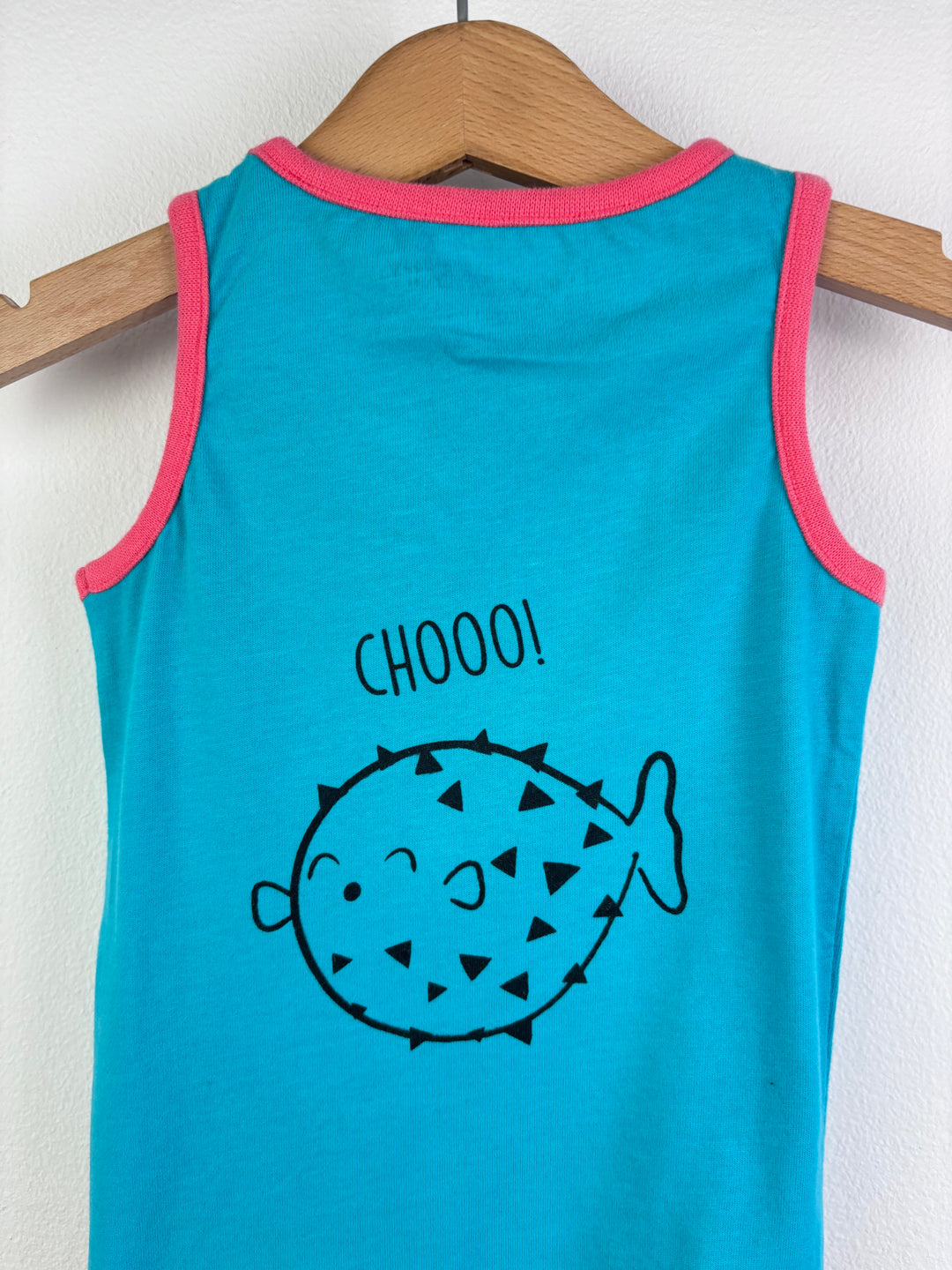 Lucy & Sam Blue Sleeveless Bodysuit Fish Print Pink Trim 9-12 Months-Vests-Second Snuggle Preloved