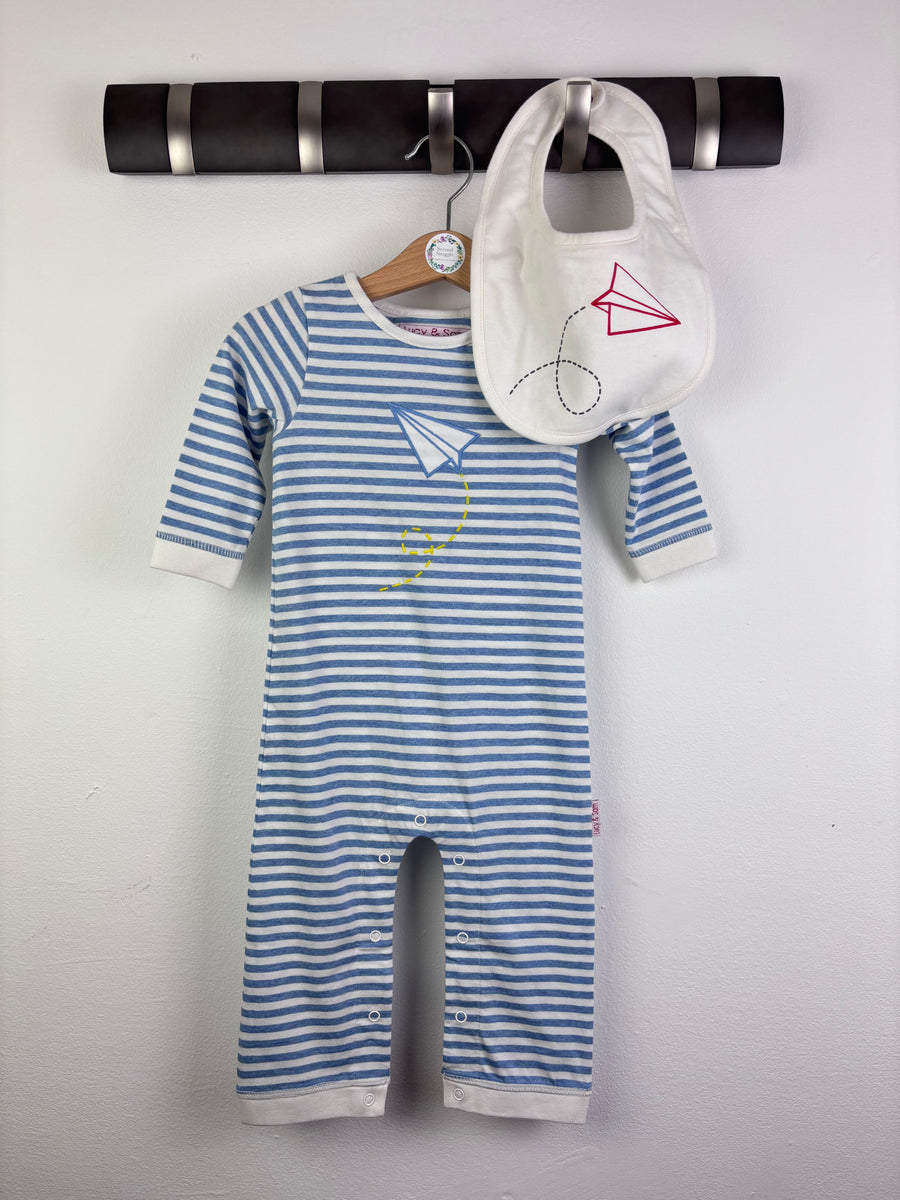 Lucy & Sam Blue Stripe Sleepsuit Paper Plane Bib Set 6-9 Months-Rompers-Second Snuggle Preloved