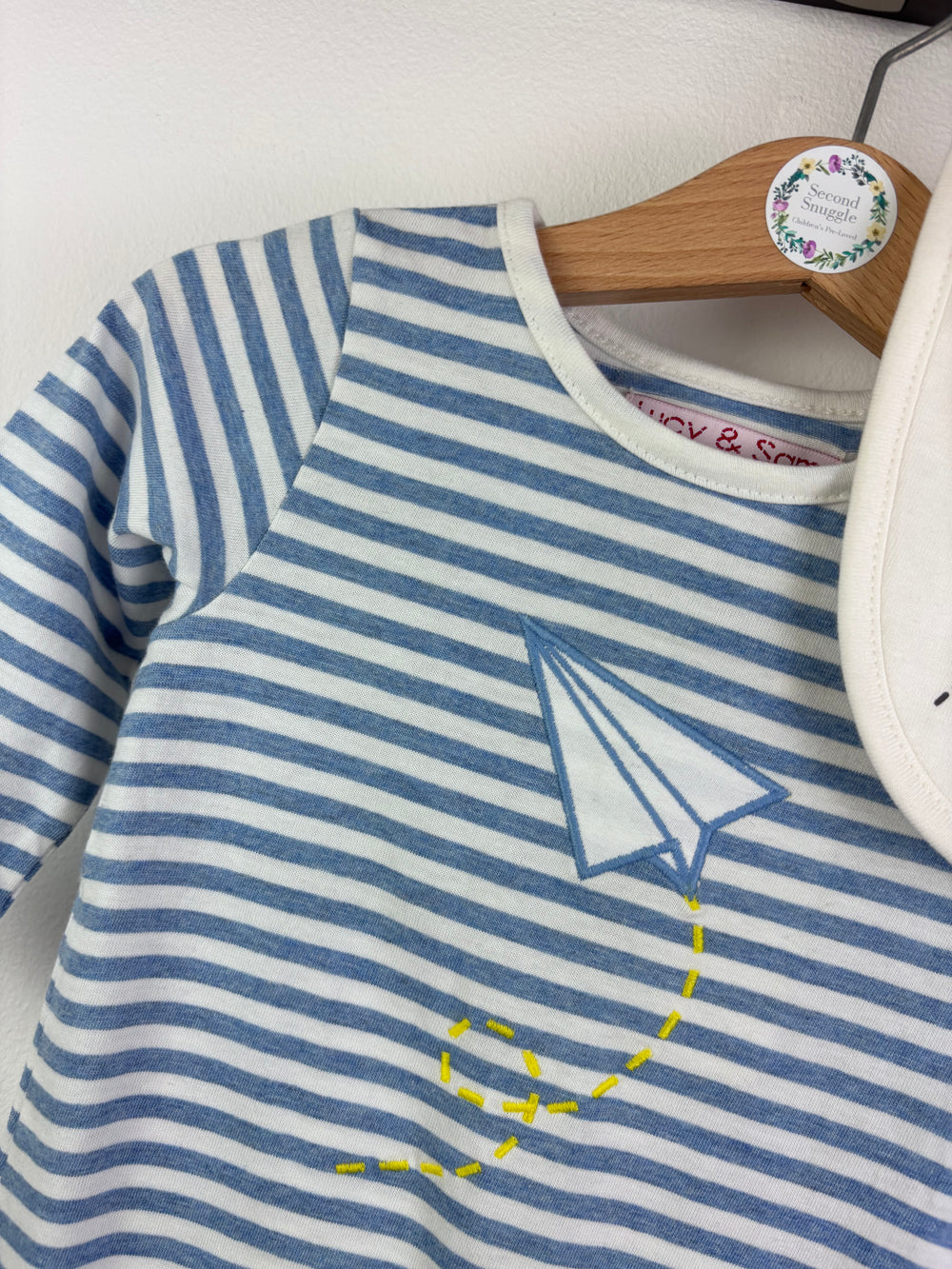 Lucy & Sam Blue Stripe Sleepsuit Paper Plane Bib Set 6-9 Months-Rompers-Second Snuggle Preloved