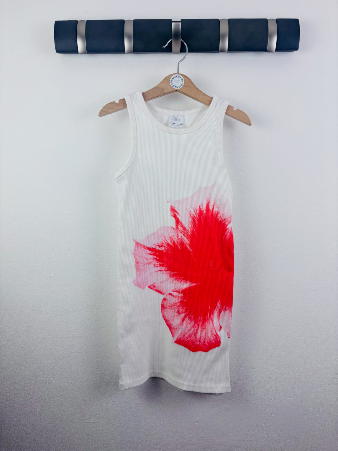 Zara White Ribbed Flower Print Dress 8-9 Years