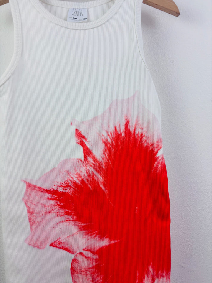 Zara White Ribbed Flower Print Dress 8-9 Years