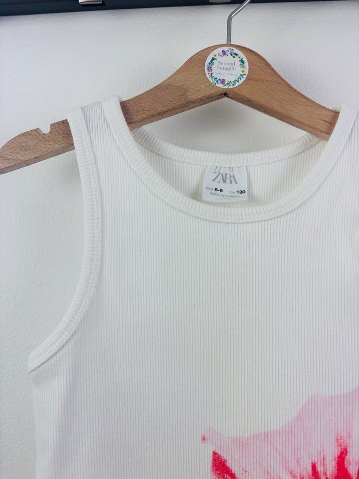 Zara White Ribbed Flower Print Dress 8-9 Years