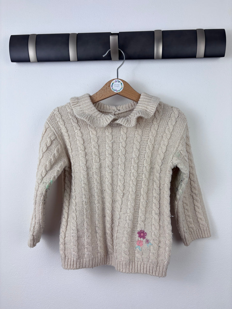 Nutmeg Cream Cable Knit with Collar and Flower Detail 2-3 Years-Jumpers-Second Snuggle Preloved