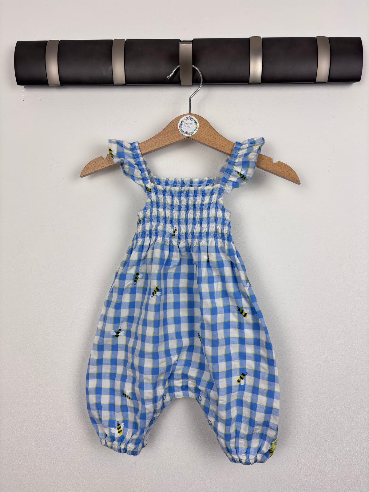Joules Blue Gingham Bee Smocked Romper Up To 1 Month-Rompers-Second Snuggle Preloved