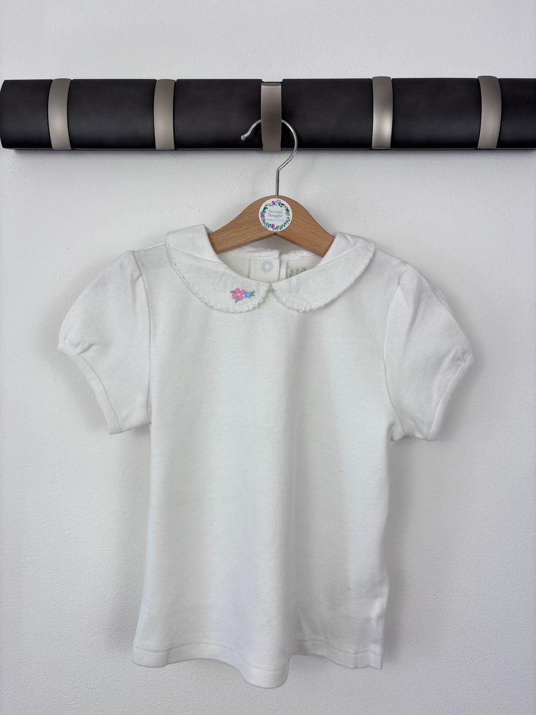 JoJo Maman Bebe White Peter Pan Collar T-Shirt with Embroidered Detail 18-24 Months-Tops-Second Snuggle Preloved