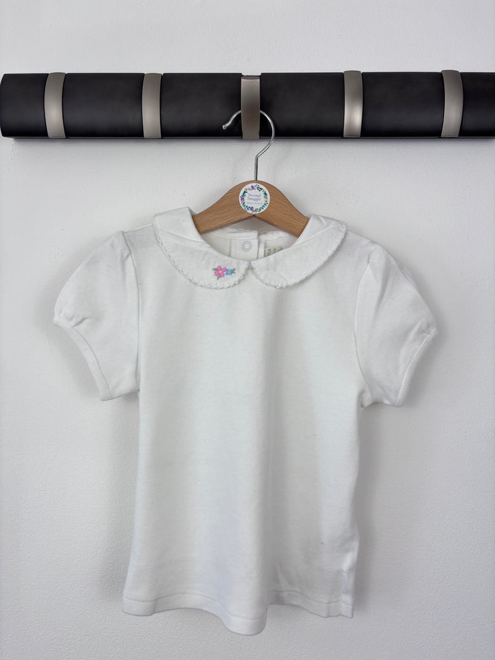 JoJo Maman Bebe White Peter Pan Collar T-Shirt with Embroidered Detail 18-24 Months-Tops-Second Snuggle Preloved