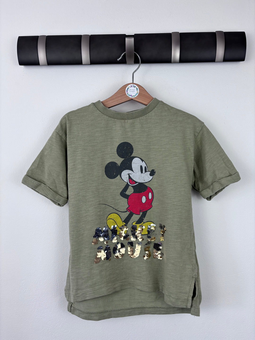 Next Khaki Mickey Mouse Sequin Long T-Shirt 3 Years-Tops-Second Snuggle Preloved