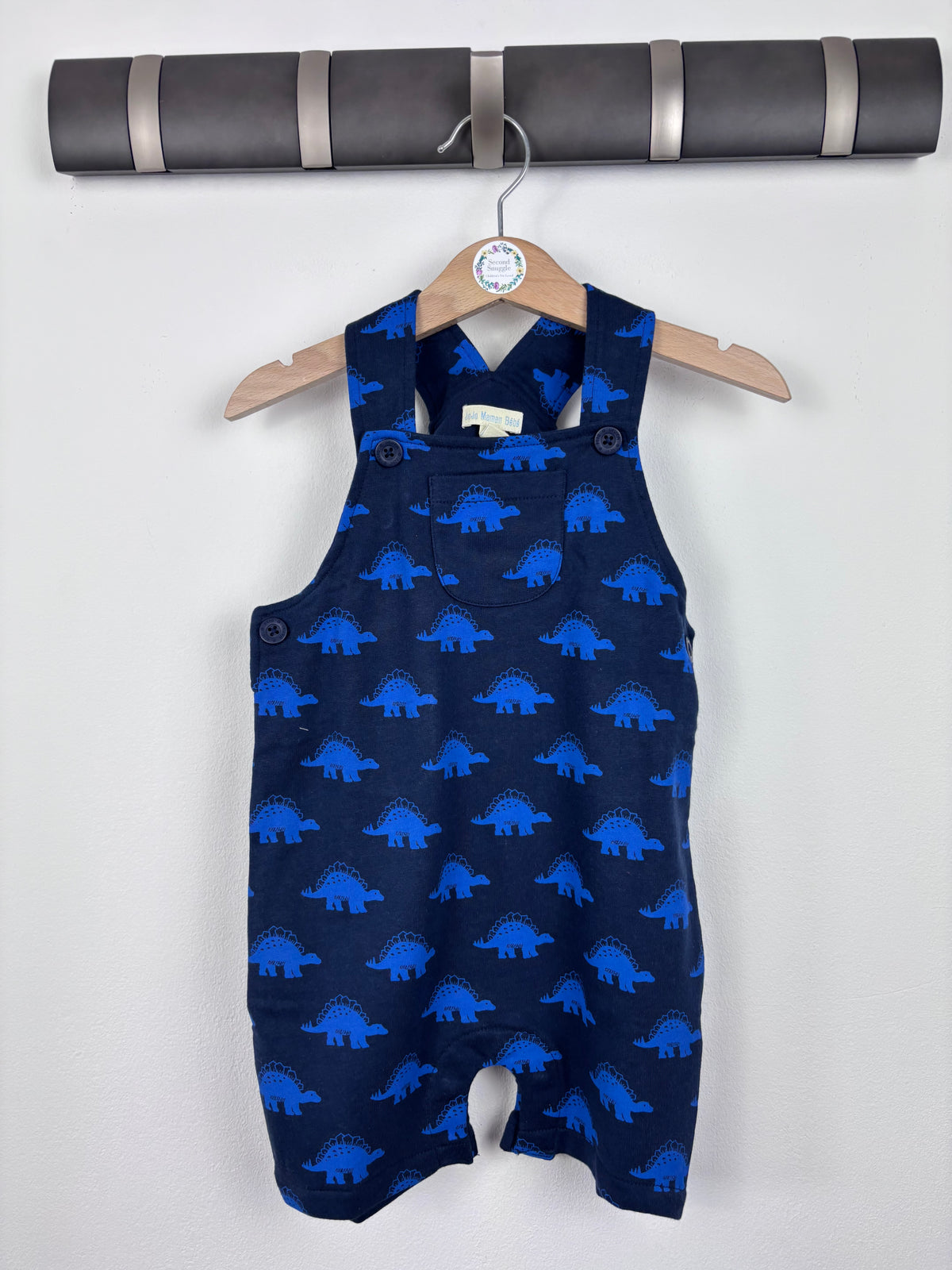 JoJo Maman Bébé Navy Dinosaur Dungaree Shorty Romper-Dungarees-Second Snuggle Preloved