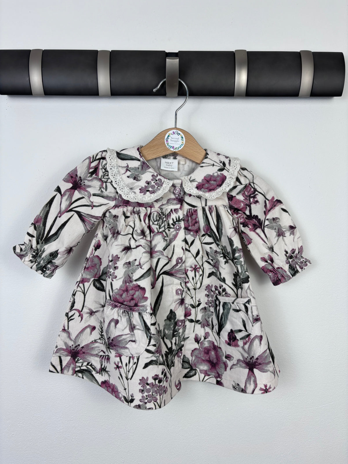 Next Cream Purple Floral Cord Dress Lace Collar Up To 3 Months-Dresses-Second Snuggle Preloved