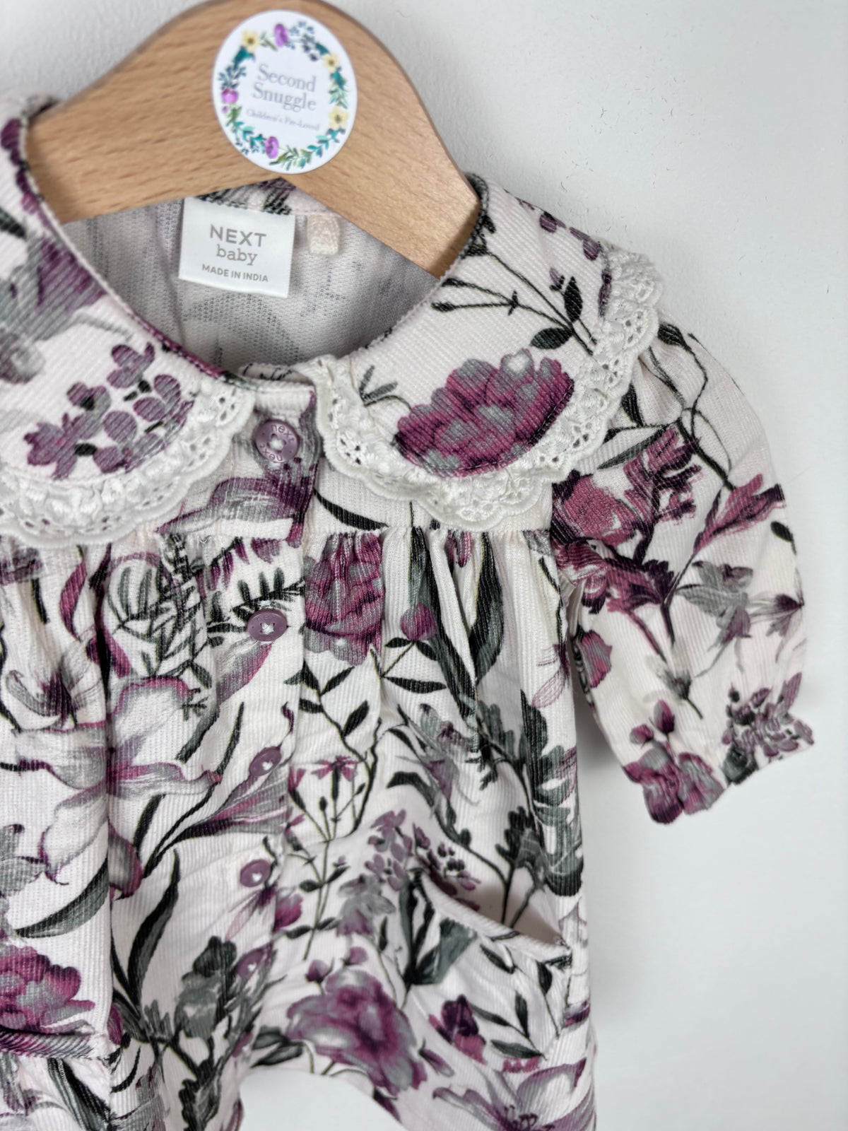 Next Cream Purple Floral Cord Dress Lace Collar Up To 3 Months-Dresses-Second Snuggle Preloved