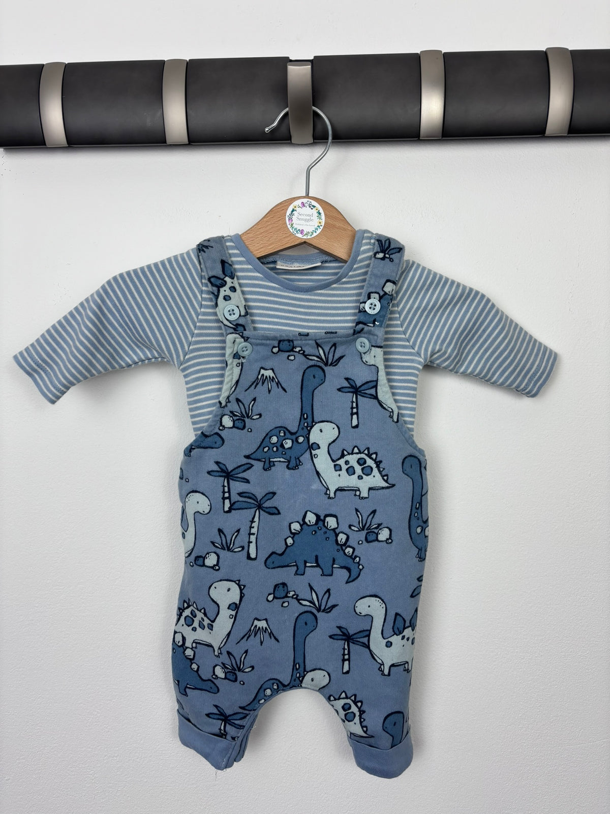 Next Blue Dinosaur Dungaree & Top Set First Size-Dungarees-Second Snuggle Preloved