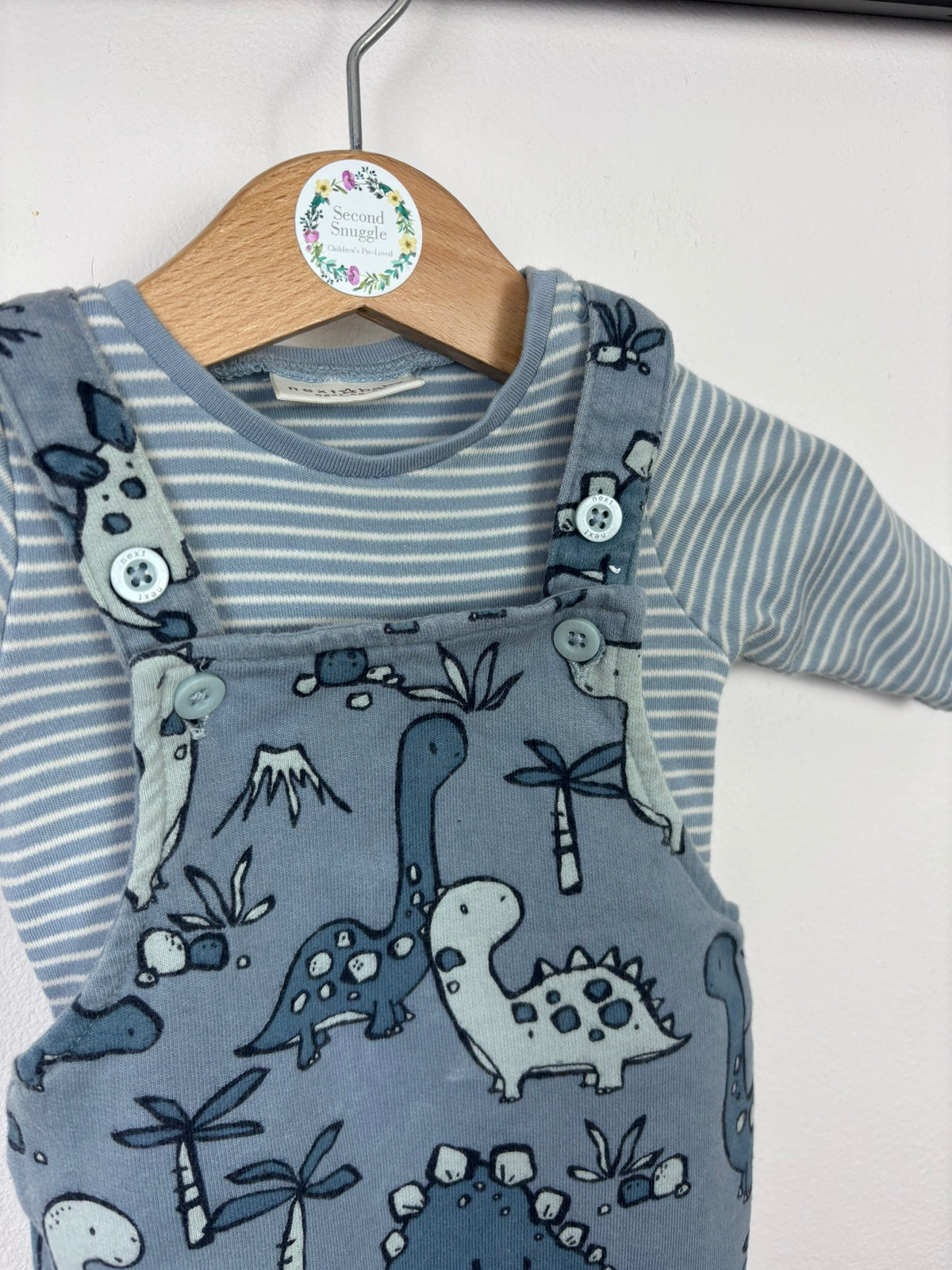 Next Blue Dinosaur Dungaree & Top Set First Size-Dungarees-Second Snuggle Preloved