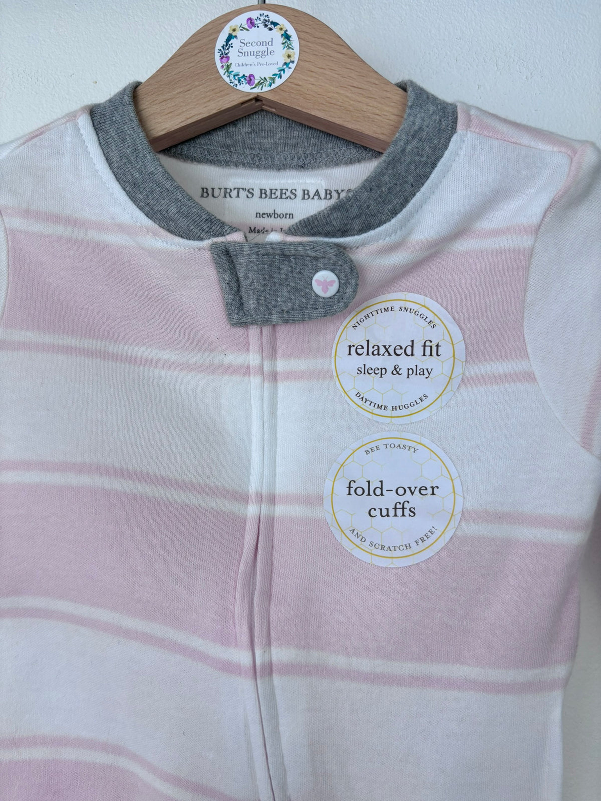 Burt’s Bees Pink & White Striped Zip Sleepsuit Newborn-Sleepsuits-Second Snuggle Preloved
